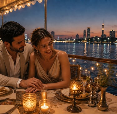 A romantic couple enjoying a candlelight dinner cruise on a boat at sunset with city skyline views.