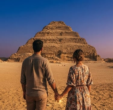 A couple holding hands while looking at the ancient Step Pyramid of Djoser in Saqqara, Egypt.