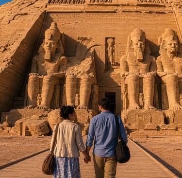 A couple holding hands while walking toward the Great Temple of Abu Simbel in Aswan, Egypt.