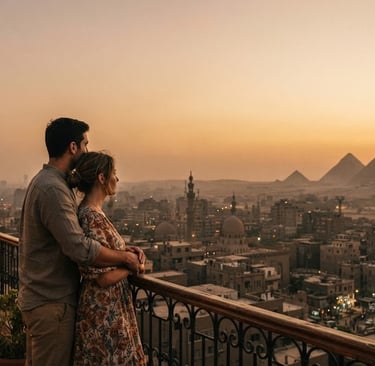Couple watching a sunset over the Great Pyramids of Giza from a rooftop balcony in Cairo, Egypt.