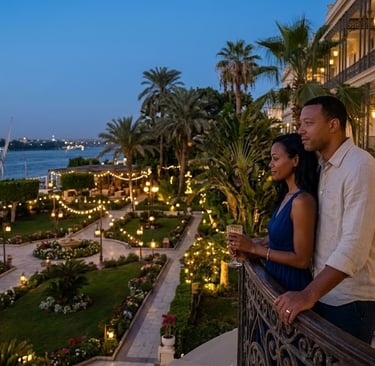 A couple overlooks the luxury Winter Palace resort at twilight with palm trees and evening lights.
