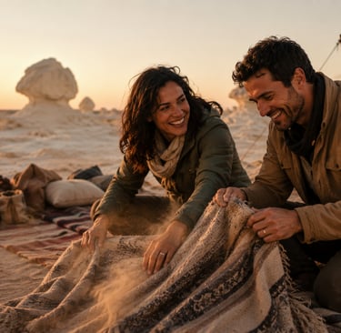 A smiling couple dusting of a blanket after a desert night sleep..