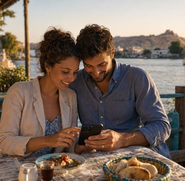 A happy couple looks at a smartphone while dining at a waterfront restaurant in Egypt with a felucca boat on the Nile.