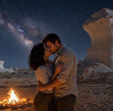 A couple kissing by a campfire in the White Desert under a starry Milky Way sky.