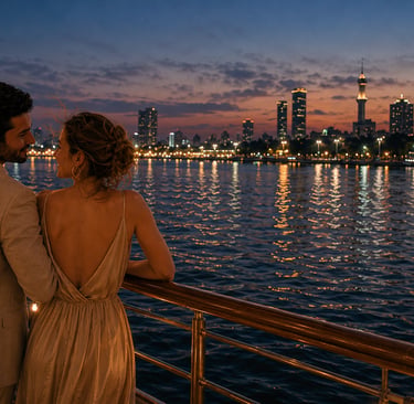 A romantic couple enjoys a dinner cruise on the Nile River with views of the Cairo skyline at sunset.