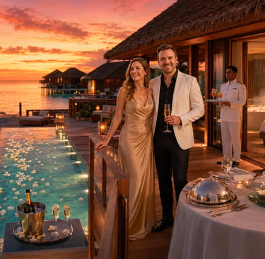 Couple enjoying a luxury honeymoon sunset dinner at a private Maldives overwater villa with infinity pool.