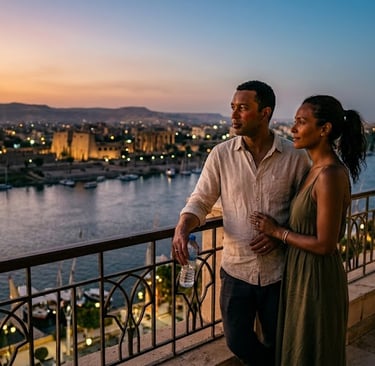 Couple watching the sunset over the Nile River and Luxor Temple from a luxury balcony in Egypt.