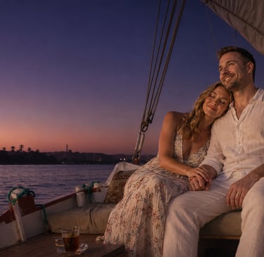 A happy couple enjoys a romantic sunset cruise on a traditional felucca boat along the Nile River in Egypt.