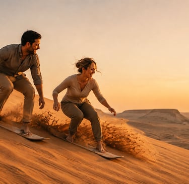 A smiling couple sandboarding down a steep desert dune during a golden sunset.