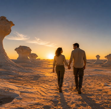 A couple holds hands walking through the White Desert National Park in Egypt at sunset.