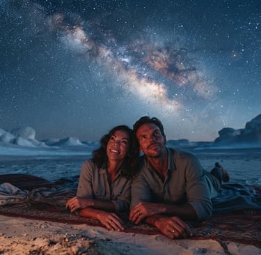A couple stargazing at the Milky Way galaxy while camping in the White Desert under a night sky.