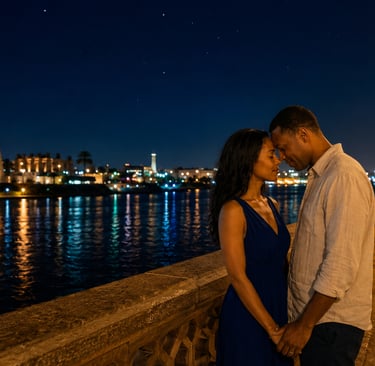 A romantic couple embraces by the Nile River in Luxor, Egypt, with illuminated ancient temples at night.