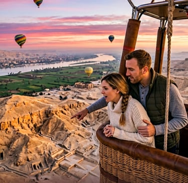 Couple in a hot air balloon at sunrise flying over Luxor's Valley of the Kings and the Nile River.