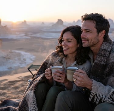 A couple wrapped in a blanket drinks coffee while watching the desert sunrise.