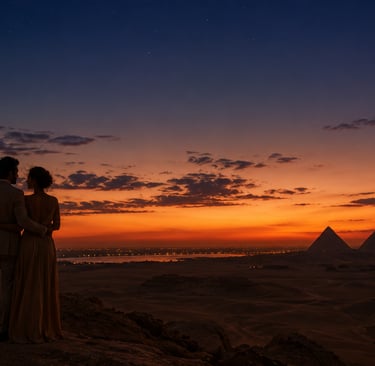 Silhouette of a romantic couple viewing the Great Pyramids of Giza during a vibrant desert sunset in Egypt.