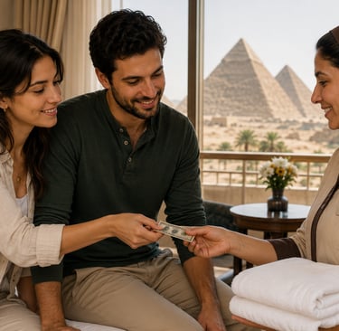 A couple tips a hotel housekeeper in a luxury room with a view of the Great Pyramids of Giza.