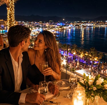 Couple enjoying a romantic rooftop dinner with champagne overlooking Sharm El-Sheikh at night.