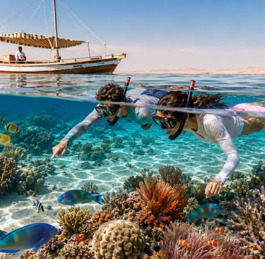 A couple snorkeling in clear turquoise water near a coral reef with tropical fish in Hurghada.