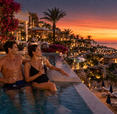 A couple enjoys champagne in a luxury infinity pool at a coastal Sharm El-Sheikh resort.
