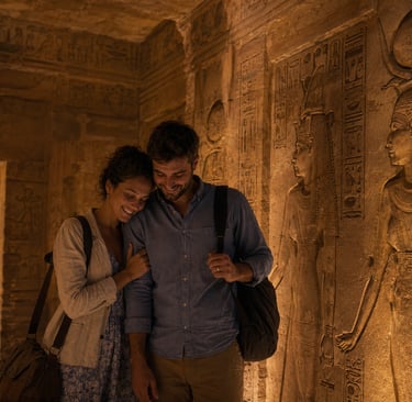 A smiling couple explores the ancient Egyptian Abu Simbel temple with stone wall hieroglyphics.