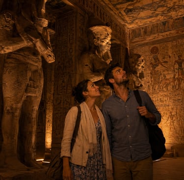 A couple touring an ancient Egyptian temple interior featuring hieroglyphics and Pharaoh statues.
