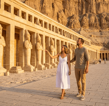 A couple tours the ancient Mortuary Temple of Hatshepsut in Luxor, Egypt, featuring Osiride statues.