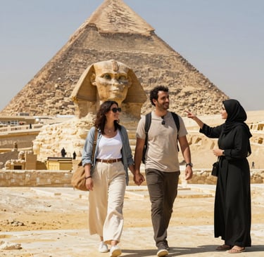 A couple on a guided tour of the Great Sphinx and Pyramids of Giza in Egypt.
