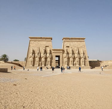 Ancient Egyptian temple of Gerf Hussein featuring monumental statues of Ramesses II at the pylon entrance.