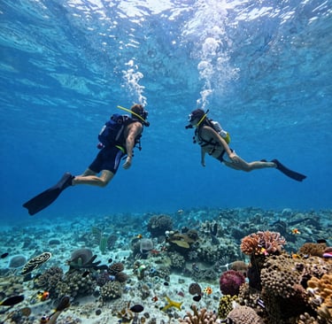 Two scuba divers explore a vibrant coral reef with tropical fish in the Red Sea..