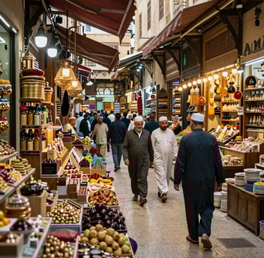 Busy traditional Middle Eastern souk market with vendors selling spices, sweets, and handicrafts in a narrow alley.