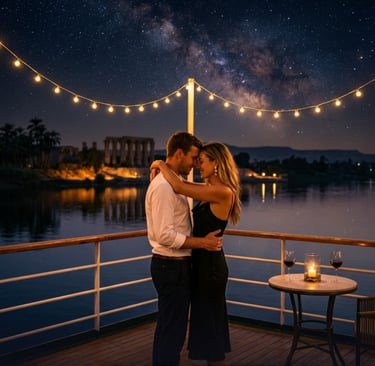 Romantic couple embraces on a Nile River cruise at night under the Milky Way, with the Luxor Temple illuminated