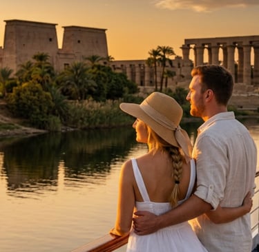 A couple enjoys a sunset Nile River cruise view of the ancient Luxor Temple in Egypt.