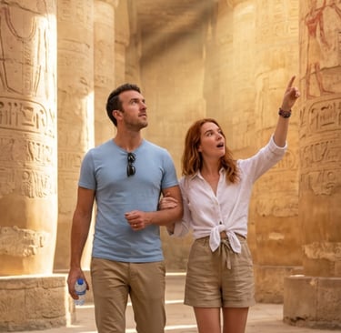 A couple tours the Great Hypostyle Hall at Karnak Temple in Luxor, Egypt, featuring ancient hieroglyphics.