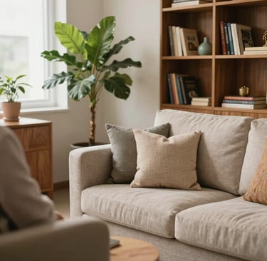 A comforting, light-filled psychological consultation office with Global South Asian / Indian design accents. A lush indoor plant, comfortable organic textiles on a sofa, a warm wooden bookcase, reassuring clinical setting.