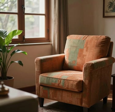 Photography of a peaceful consulting room in a Global South Asian / Indian setting, featuring soft warm ochre and muted sage green textile accents, a cozy armchair, natural light filtering through a window with a green plant nearby, evoking a serene and safe therapeutic environment.