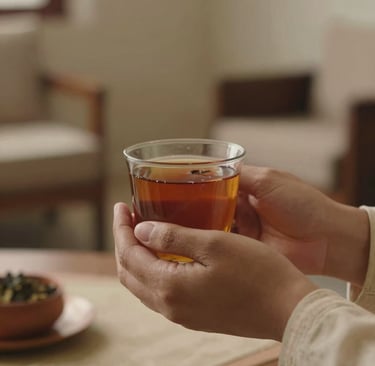 A peaceful close-up of hands holding a warm cup of herbal tea in a serene consulting room in India. Soft focus, warm organic sandalwood colors, comforting and calming mood, Global South Asian / Indian setting.
