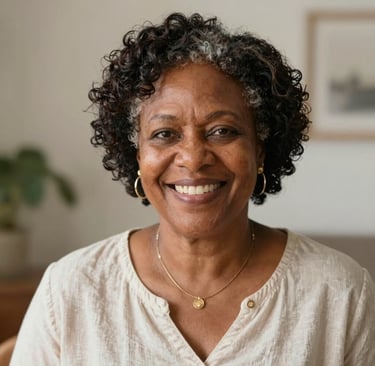 A joyful woman in her 40s smiling confidently during a coaching session outdoors.