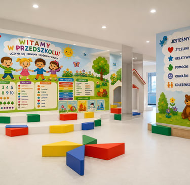 Kolorowy druk edukacyjny UV w przedszkolnej sali 