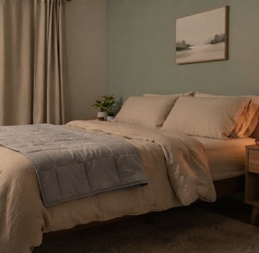 Cozy bedroom with beige linen, a blue throw, and a nightstand with a salt lamp and diffuser at dusk.