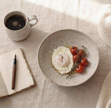 Minimalist flat lay of coffee, poached egg breakfast, and open journal on a neutral linen surface