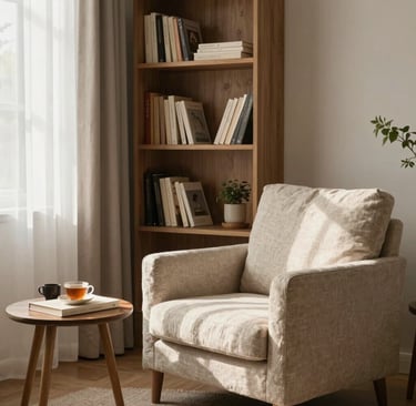 A cozy reading nook bathed in soft natural light with plush cushions and a gentle throw blanket