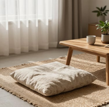 A peaceful yoga corner with a rolled mat, candles, and calming wall art in muted colors
