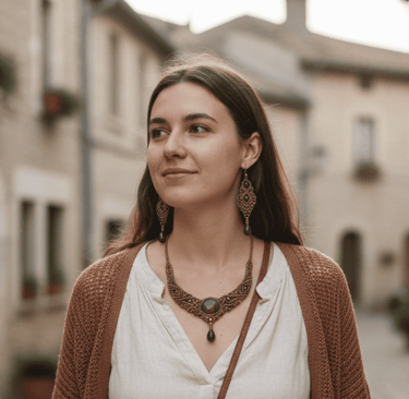 Mujer con joyas de macramé hechas a mano que incluyen un collar y aretes a juego.