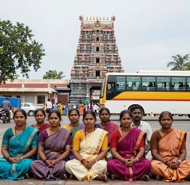 A vibrant group photo of happy travelers in front of the Ooty hills bus tour.
