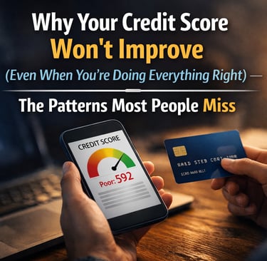 A person holding a credit card and a smartphone showing a poor credit score of 592 on a tracking app.