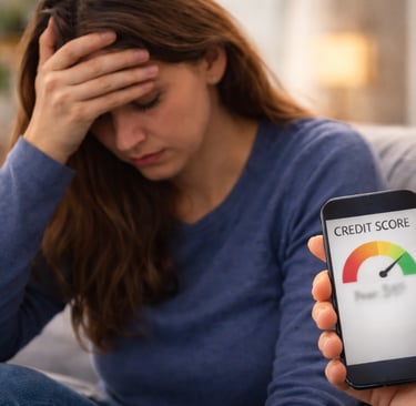 stressed woman looking down while holding her head with a smartphone displaying a blurred credit sco