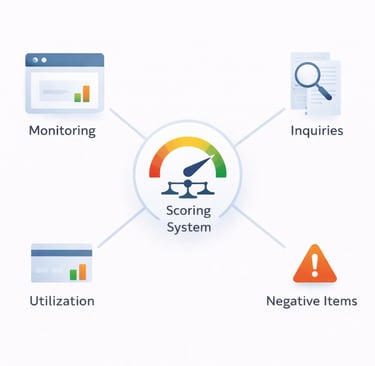 diagram showing credit monitoring as a window into the broader credit scoring system including utili