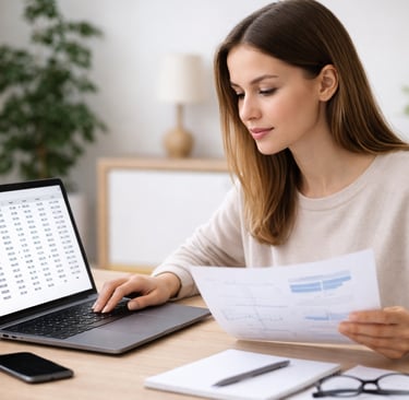 person reviewing credit report and financial data on laptop