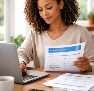 person reviewing credit report and financial data at home