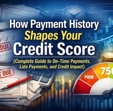 Payment history credit score concept showing overdue bills, calendar with late payments, and credit 